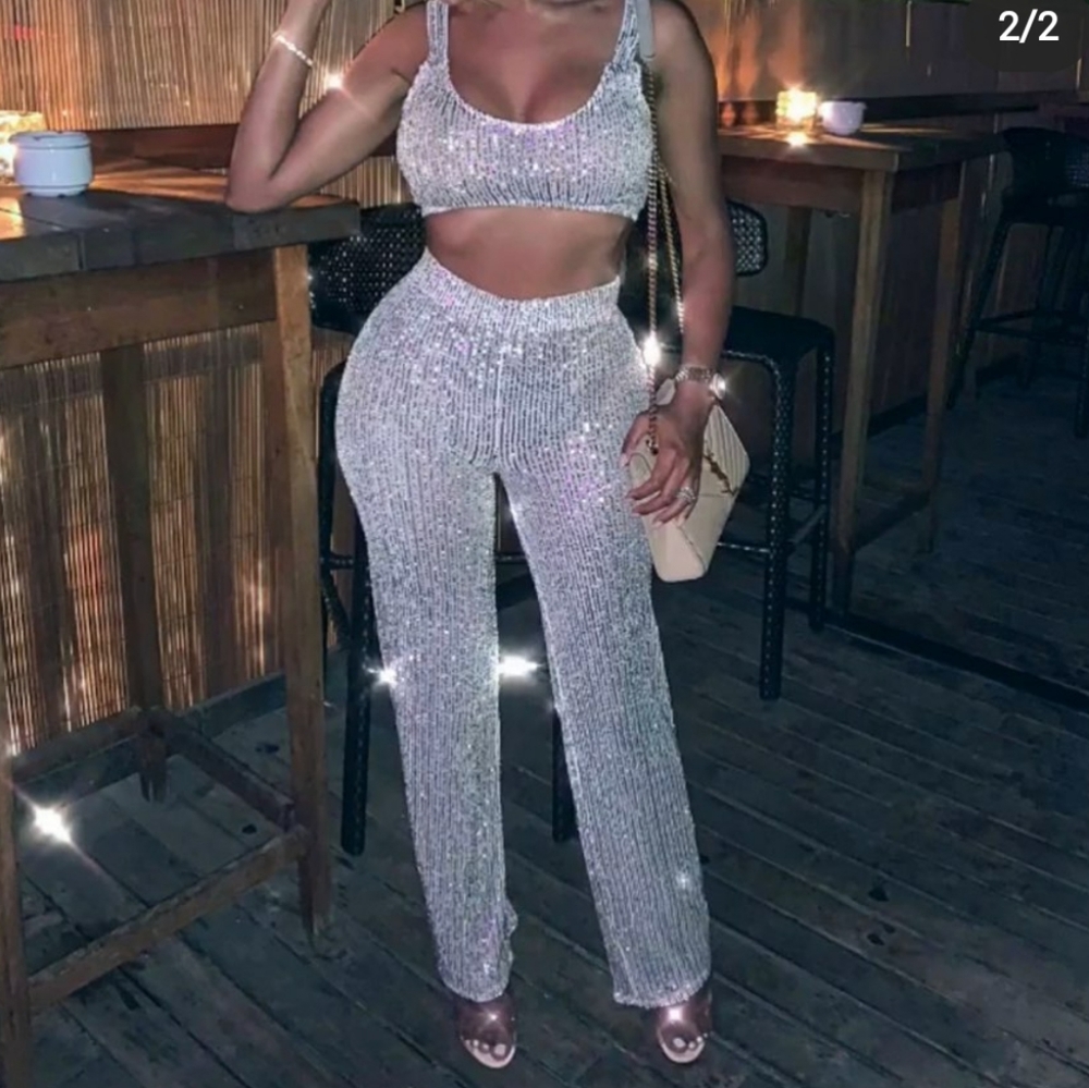 Two Piece Silver Sequin Set Size Small